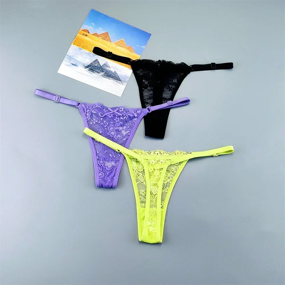3PCS Einstellbare Sexy Transparent Tanga Höschen Frauen Spitze Unterwäsche Niedrige Taille Weibliche T-zurück String Unterhose
